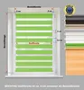 A diagram showing the dimensions of a green and white striped roller blind installed in a window, with color swatches on the right. Produktbild-Vorschau
