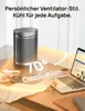 A person is working at a desk with a laptop and a heater. The heater is shown in use, with arrows indicating its oscillation feature and a temperature display. Produktbild-Vorschau