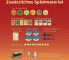 A red background displays a list of game components with German text labels. Anteprima dell’immagine prodotto