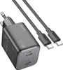 A black Hoco GaN 45W charger with two USB-C ports and two USB-C cables on a white background. Produktbild-Vorschau