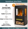 A marketing image for an electric fireplace, showcasing its features and benefits. Produktbild-Vorschau