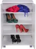 A white shoe cabinet with multiple shelves displaying various shoes and scarves. Náhled obrázku produktu