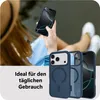 A person holding a phone with a blue case, with other phone cases in the foreground. Produktbild-Vorschau
