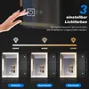 A hand touching a mirror with illuminated icons, showing different light color temperatures and three mirror cabinet examples with different lighting. Produktbild-Vorschau