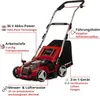 A red and black Einhell lawn scarifier/aerator is shown from a front-diagonal angle, with various features labeled in German. Produktbild-Vorschau