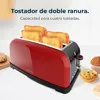 A red toaster with four slices of toast in it, placed on a white surface with some baked goods in the background. Voir les images du produit
