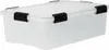 A clear studio shot of a transparent storage box with black clips. Produktbild-Vorschau
