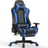A black and blue gaming chair with a headrest and footrest, shown from a front-side angle against a white background. Produktbild-Vorschau