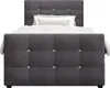 A front view of a dark gray upholstered bed frame with a tufted headboard and footboard, shown with white bedding and a decorative pillow. Náhled obrázku produktu