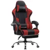 A red and black gaming chair with a footrest, headrest, and lumbar pillow, shown from the front on a white background. Produktbild-Vorschau