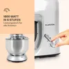 A split image showing a kitchen mixer on the left and a hand adjusting the speed dial of a kitchen mixer on the right, with text overlays describing its features. Produktbild-Vorschau