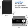 A product image showing a micro audio system and a speaker with dimensions indicated. Produktbild-Vorschau