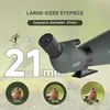 A close-up marketing image of a spotting scope, highlighting its large eyepiece and showing sample views through different eyepiece diameters. Produktbild-Vorschau