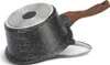 The bottom of a black speckled saucepan with a wooden handle is shown, resting on its side next to its glass lid. Produktbild-Vorschau