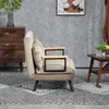 A beige sofa bed with wooden armrests is shown in a living room setting, next to a wooden dresser and a small wooden table with fruit. Produktbild-Vorschau