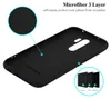 The inside of a black phone case is shown, with close-up insets highlighting its microfiber lining and multi-layer construction. Produktbild-Vorschau