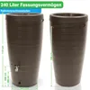 Two brown rain barrels shown side-by-side with measurement indicators. Produktbild-Vorschau