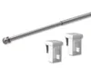 A metal curtain rod with a decorative ball end and two white window hooks against a white background. Produktbild-Vorschau