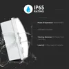 A product shot of an emergency light with water splashing around it, accompanied by feature descriptions. Produktbild-Vorschau