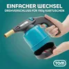 A hand holding a gas torch with a gas cartridge being detached. Produktbild-Vorschau