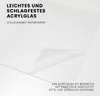 A sheet of clear acrylic glass with a protective film being peeled back, with German text describing its properties. Produktbild-Vorschau