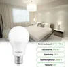A bedroom scene with a prominent LED light bulb in the foreground and product specifications listed on the right. Produktbild-Vorschau