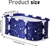 A blue foldable bathtub with a star pattern is shown with dimensions indicated by arrows and text. Produktbild-Vorschau