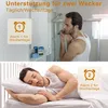 A split image showing a man shaving in a bathroom and another man sleeping in bed, with text overlays indicating alarm features. Produktbild-Vorschau