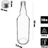 A clear glass bottle with a silver screw-on cap, shown with measurement annotations. Produktbild-Vorschau