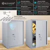 A marketing image showing a safe with its features highlighted and an open view of its interior. Produktbild-Vorschau