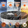 A collage of four images showing a round pool cover protecting a pool from different weather conditions and elements: spring rain, winter snow, autumn leaves, and summer sun. Each section also has a smaller circular graphic at the bottom indicating what th Náhľad obrázku produktu