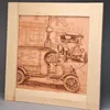 An illustration of vintage vehicles, including a dairy truck, in front of a house. Podgląd zdjęcia produktu
