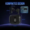 A marketing image showcasing black wireless earbuds and their charging case, with dimensions and a lifestyle shot of the case in a pocket. Produktbild-Vorschau