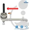 A product image showing a sink drain assembly with included tools and connection pipes, along with feature icons and branding. Produktbild-Vorschau