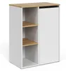 A white and wood cabinet with open shelves and a closed compartment. Náhled obrázku produktu