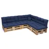 A sectional sofa made of wooden pallets with dark blue cushions, shown against a white background. Voir les images du produit