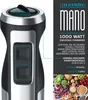 A close-up of a black and silver hand blender with text and images describing its features and ingredients it can process. Produktbild-Vorschau