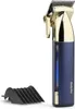 A blue and gold hair clipper with a black comb attachment on a white background. Produktbild-Vorschau