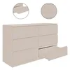 A beige dresser with six drawers, one of which is partially open.