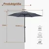 A diagram showing the dimensions of a gray umbrella, with icons representing different uses. Produktbild-Vorschau