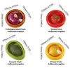 A collage of four different food storage containers, each holding a different fruit or vegetable and displaying dimensions. Produktbild-Vorschau