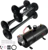 A set of four black air horns and a black air compressor tank with a gauge and fittings, displayed on a white background. Produktbild-Vorschau