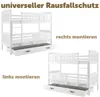 Two views of a white bunk bed with a pull-out drawer, illustrating different mounting options for a safety rail. Produktbild-Vorschau