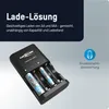 A battery charger with AA and AAA batteries inserted, with marketing text and icons. Produktbild-Vorschau