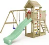 A wooden play structure with a slide and swings, set against a white background. Produktbild-Vorschau