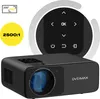 A black projector is shown with a remote control overlay and feature callouts. Voir les images du produit