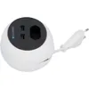 A white spherical power strip with two USB ports and one AC outlet, connected to a white power cord and plug. Produktbild-Vorschau