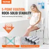 A pregnant woman is sitting on a shower chair in a bathroom, with marketing text and product feature callouts overlaid on the image. Produktbild-Vorschau