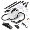 A white steam cleaner with various accessories laid out around it on a white background.