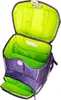 An open purple backpack with a starry pattern and a bright green interior. Produktbild-Vorschau